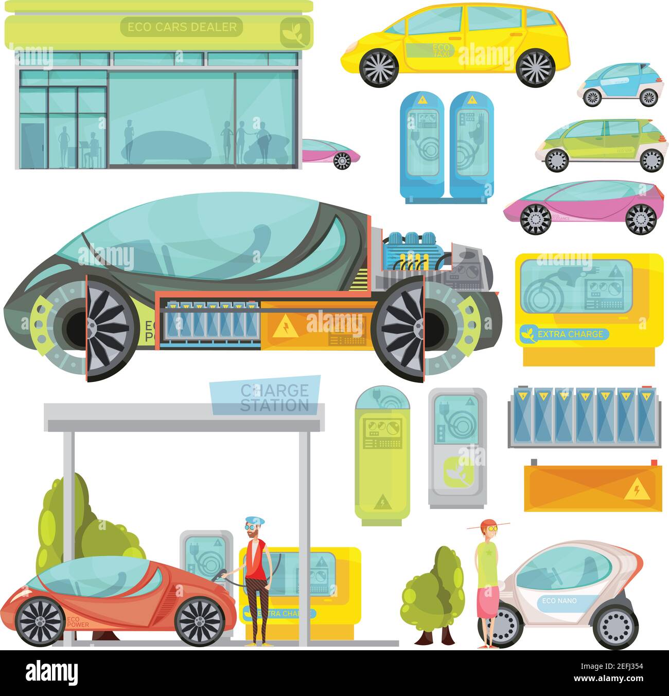 Big colorful flat set of eco electro cars and charge stations isolated on white background vector illustration Stock Vector