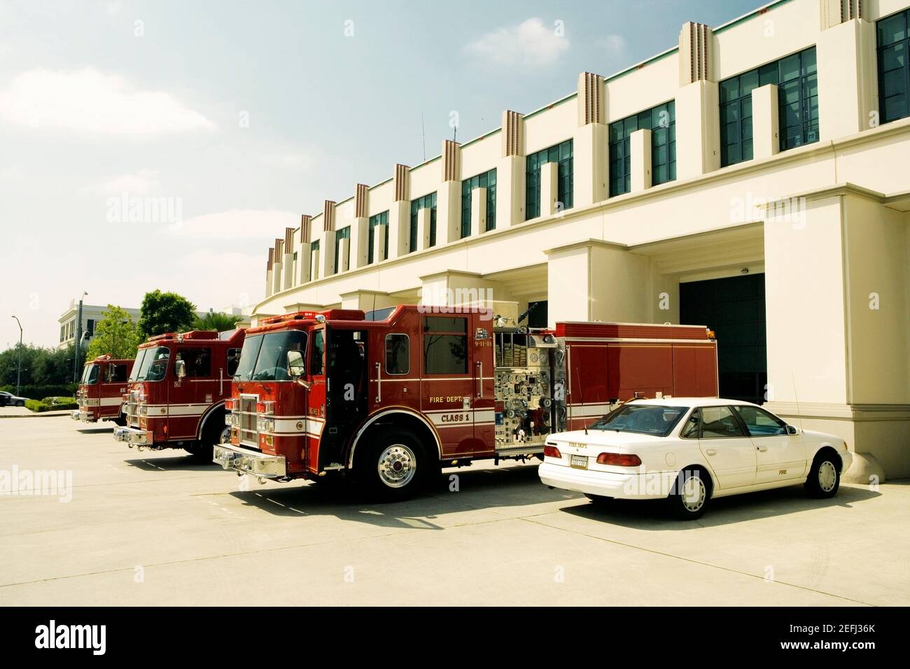 Side profile of fire engines at a fire department, Beverly Hills Fire