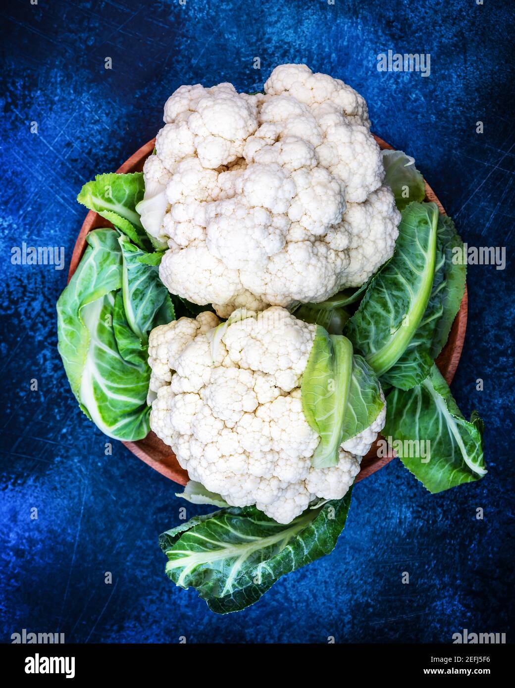 Fresh whole washed cauliflower with leaves in a wooden bowl on a contrasting textured blue background. Concept of natural seasonal fresh vegetables an Stock Photo