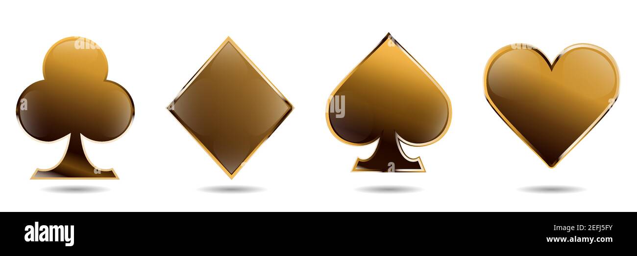 Set of gold playing cards. Shiny golden icon for casino. Can use as print, icon, emblem, symbol. Stock Vector
