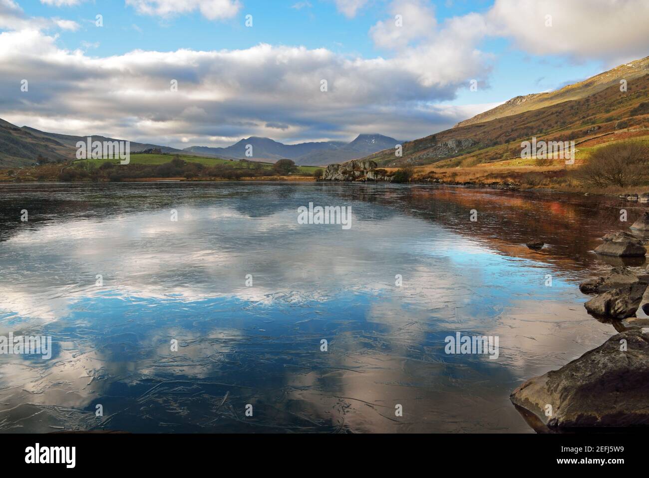 Llynnau Mymbyr are two lakes located in Dyffryn Mymbyr valley in Snowdonia and are here seen frozen with mount Snowdon in the background. Stock Photo