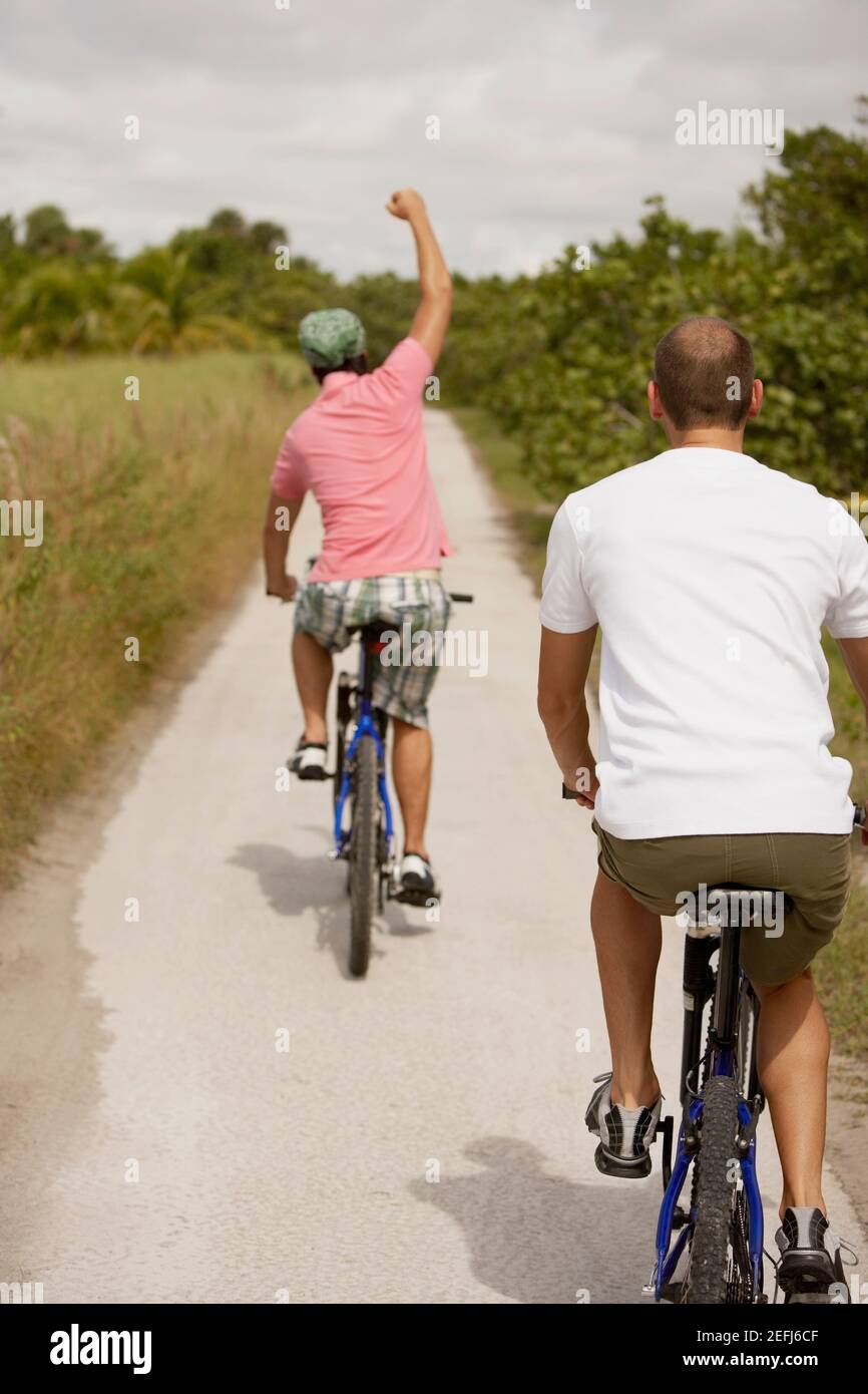 Rear view of two young men riding bicycles Stock Photo