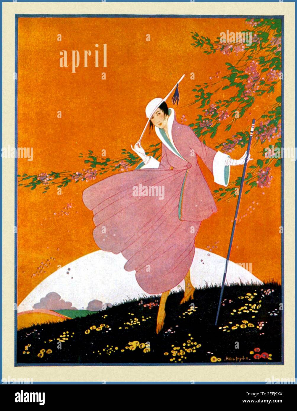 Vogue cover design by Helen Dryden form April 1916. Fashionably dressed woman country walking. Stock Photo