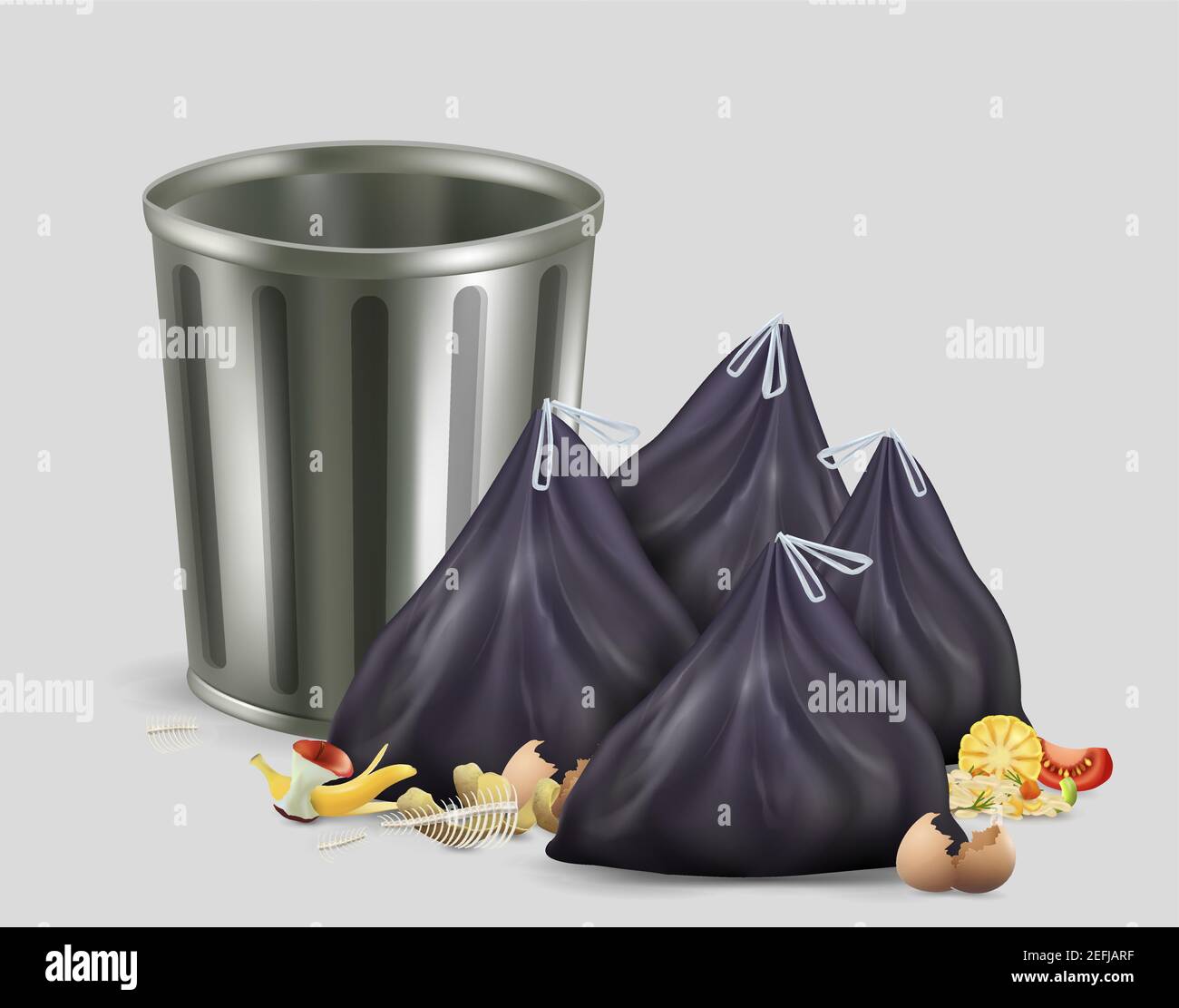 Empty trash bin, kitchen garbage container and full plastic trash bags