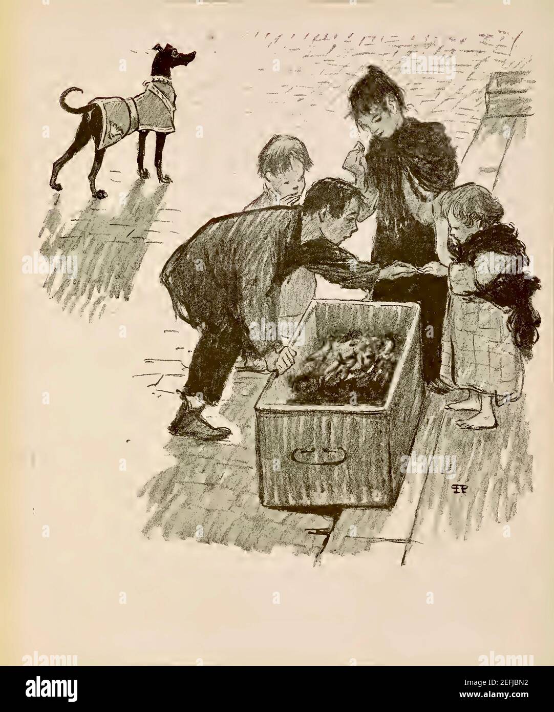 The Children and the Rich Man's Dog highlights the gulf between rich and poor in this noteworthy artwork by Theophile Steinlen. Stock Photo