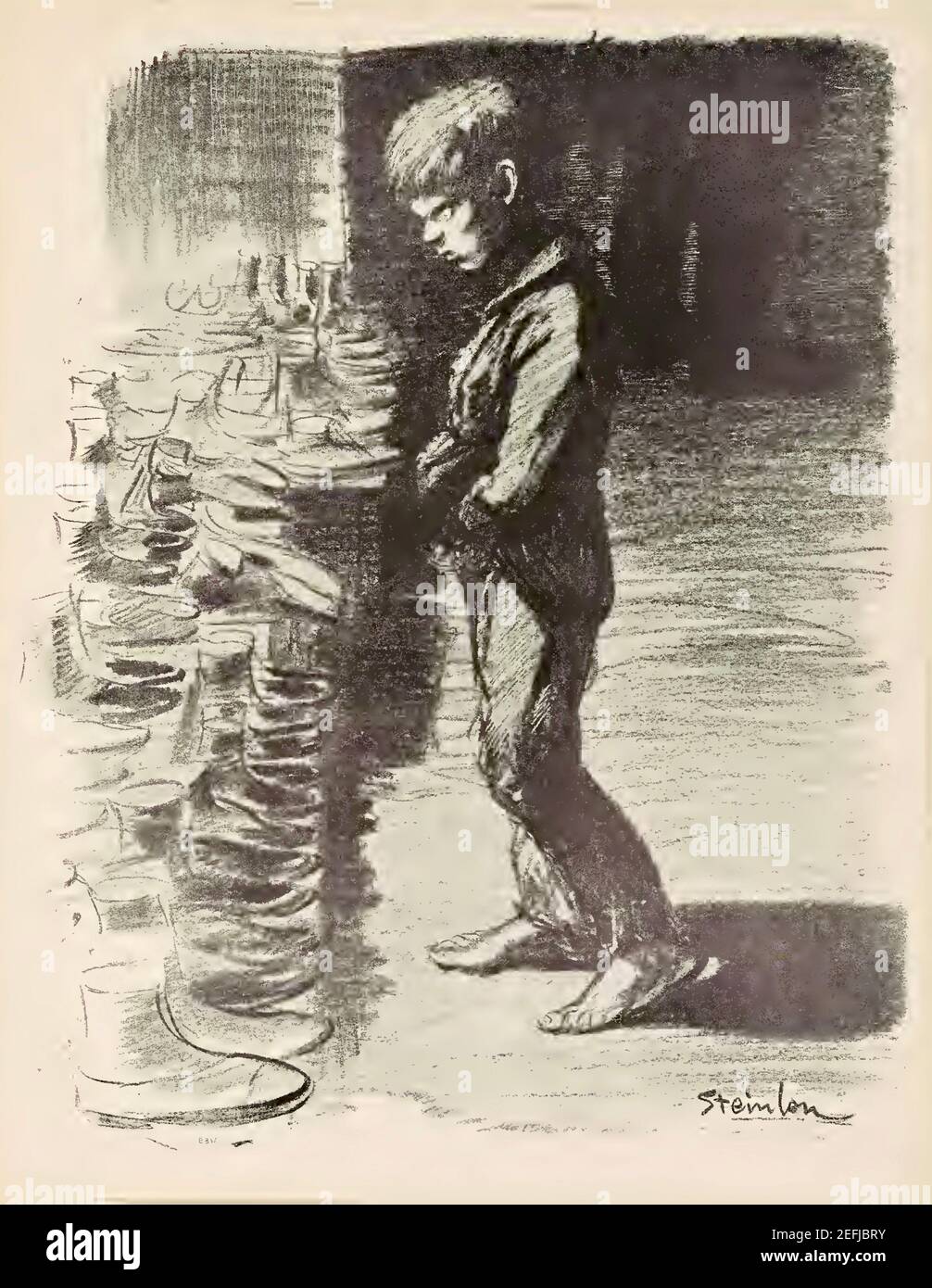 A young, barefooted boy stands regarding the array of footwear that lay before him. Theophile Steinlen artwork entitled The Thief. Stock Photo