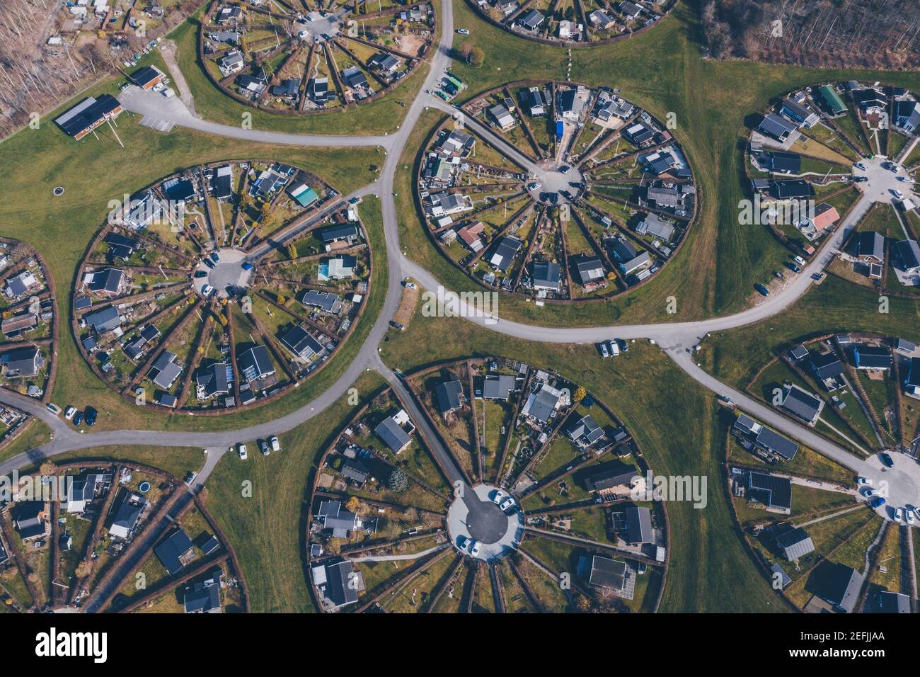 Brøndby, Denmark. 05th, April 2020. The circle formed allotment gardens Brøndby Haveby. The complex is designed by the Danish landscape architect Erik Mygind. Stock Photo
