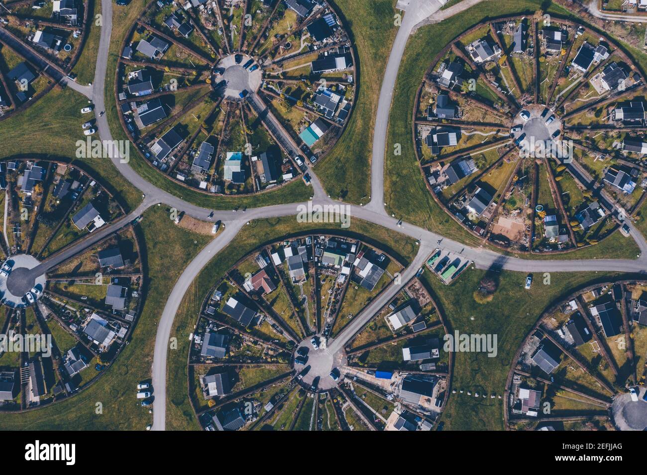 Brøndby, Denmark. 05th, April 2020. The circle formed allotment gardens Brøndby Haveby. The complex is designed by the Danish landscape architect Erik Mygind. Stock Photo