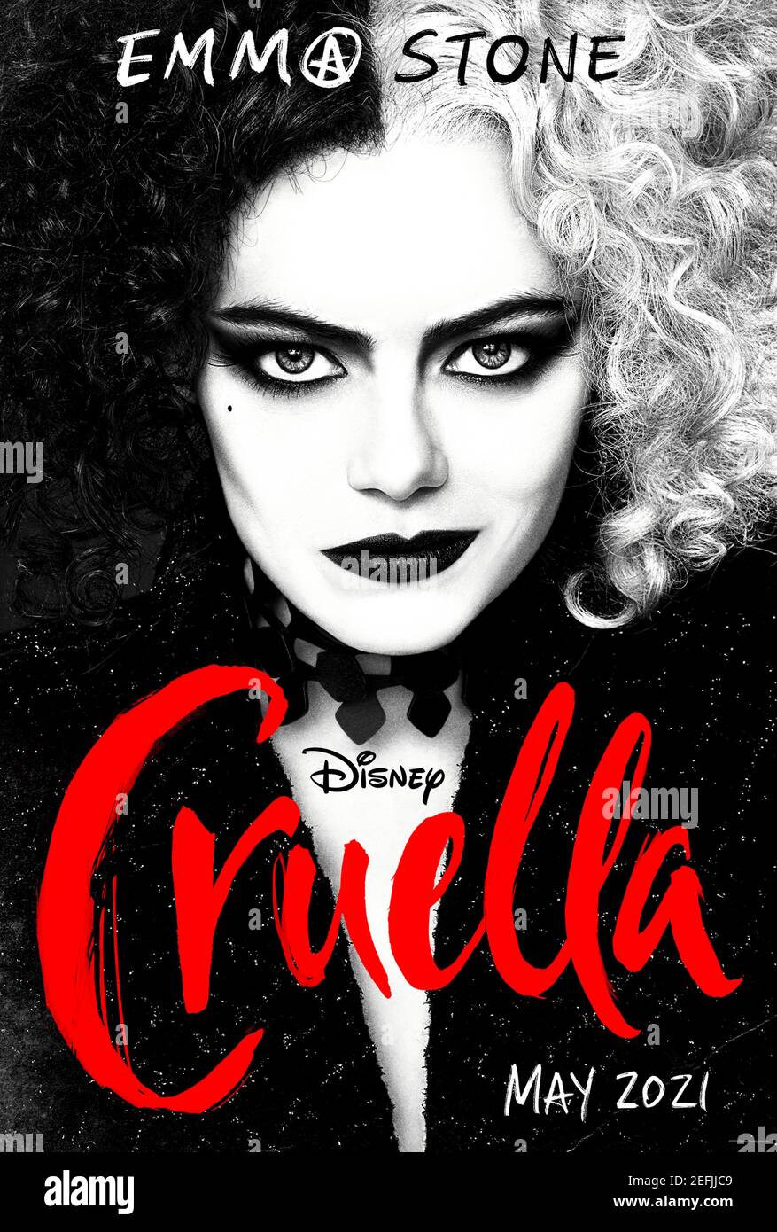 Cruella (2021) directed by Craig Gillespie and starring Emma Stone, Emma Thompson and Mark Strong. Origin story for the Cruella de Vil character from Dodie Smith's 1956 novel 'The Hundred and One Dalmatians' and Disney's much loved 1961 animated film. Stock Photo