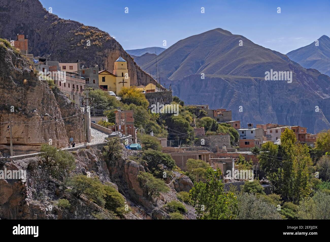 Village Iruya with its 17th century church, nestled against the mountainside in the Salta Province in northwestern Argentina Stock Photo