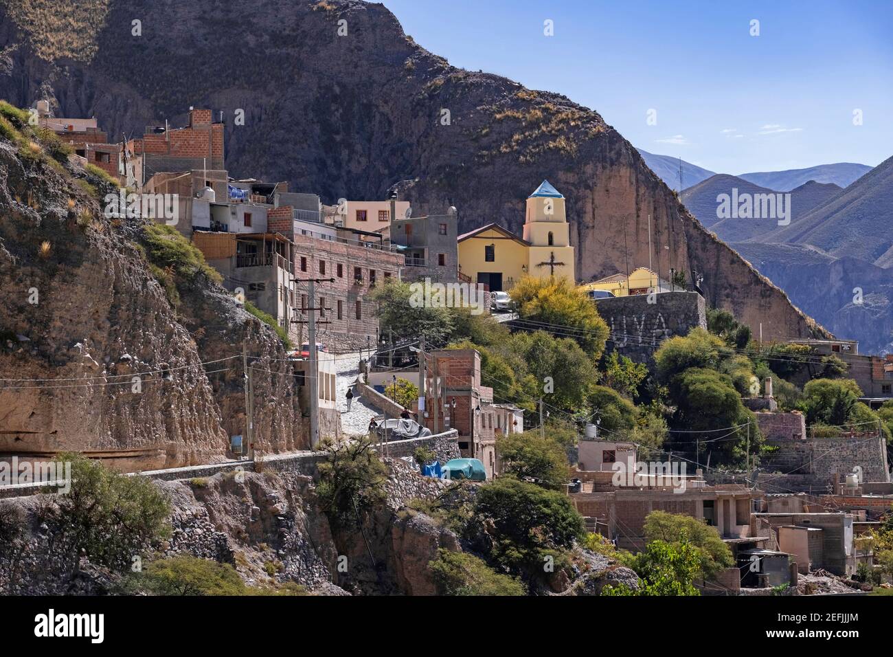 Village Iruya with its 17th century church, nestled against the mountainside in the Salta Province in northwestern Argentina Stock Photo