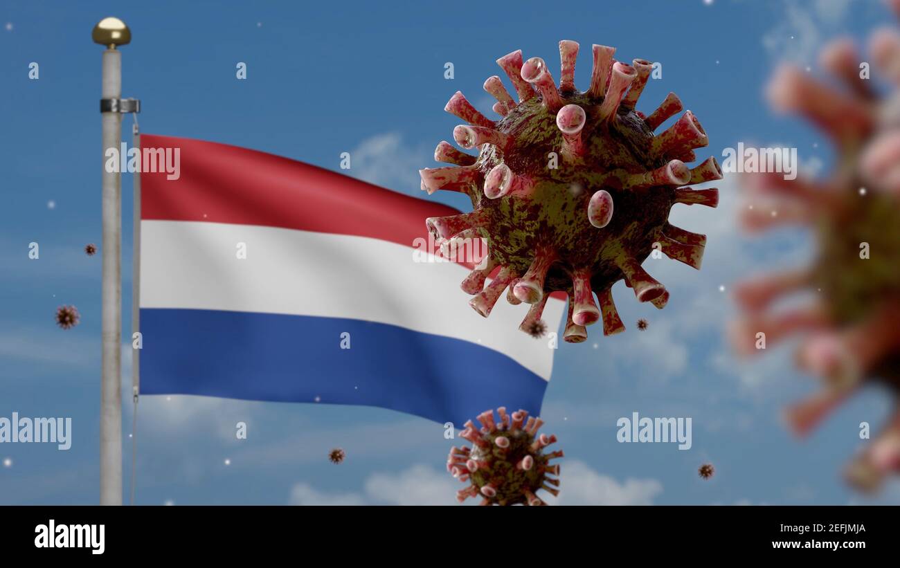 3D illustration Dutch flag waving and Coronavirus 2019 nCov concept. Asian outbreak in Netherlands, coronaviruses influenza as dangerous flu strain ca Stock Photo