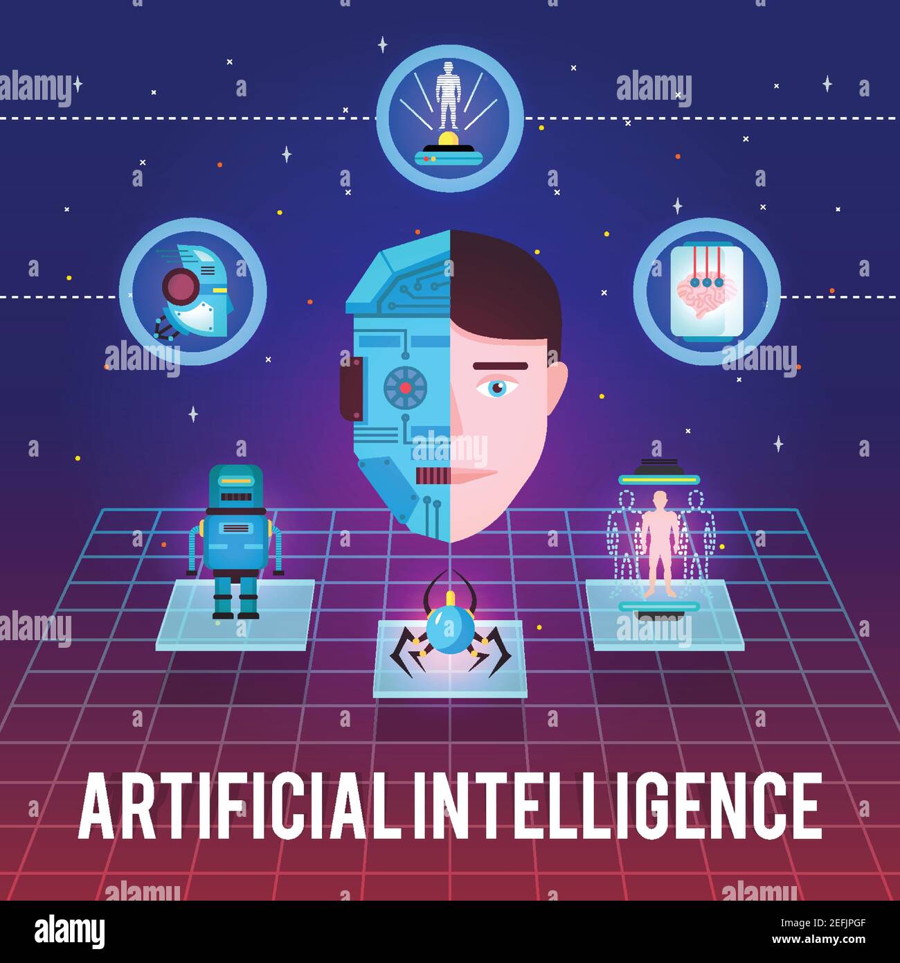 Artificial intelligence illustration with cyborg face hi-tech icons and ...