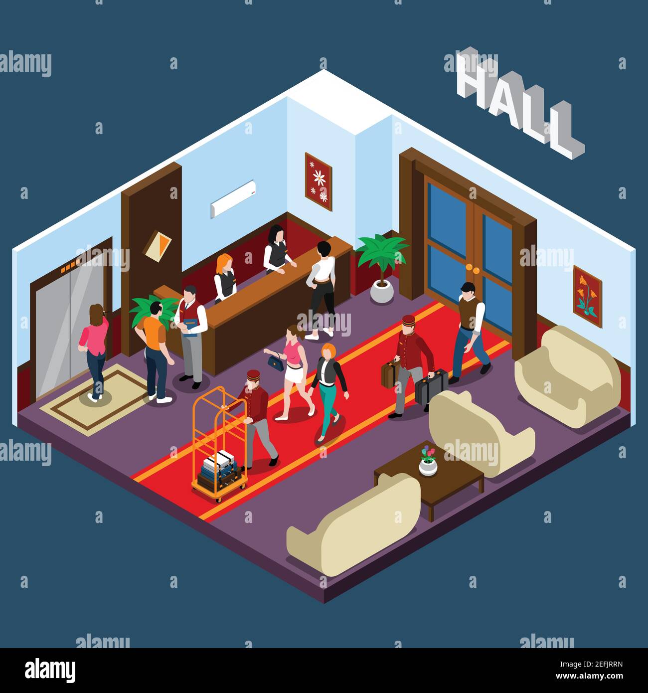 Hotel staff and tourists in hall with red carpet elevator reception and waiting area isometric vector illustration Stock Vector