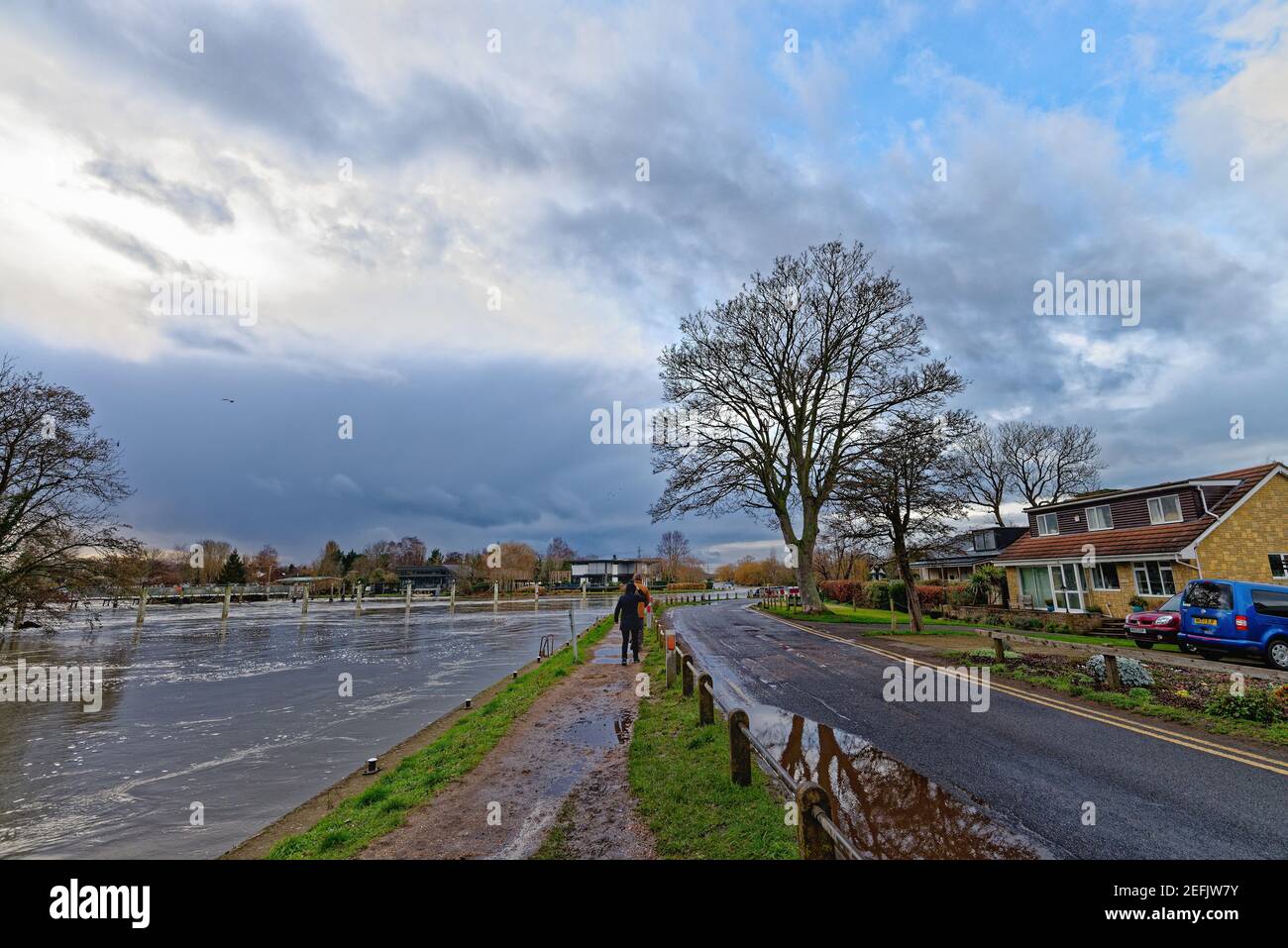 The River Thames in full flood after heavy rainfall, Shepperton lock Surrey England UK Stock Photo