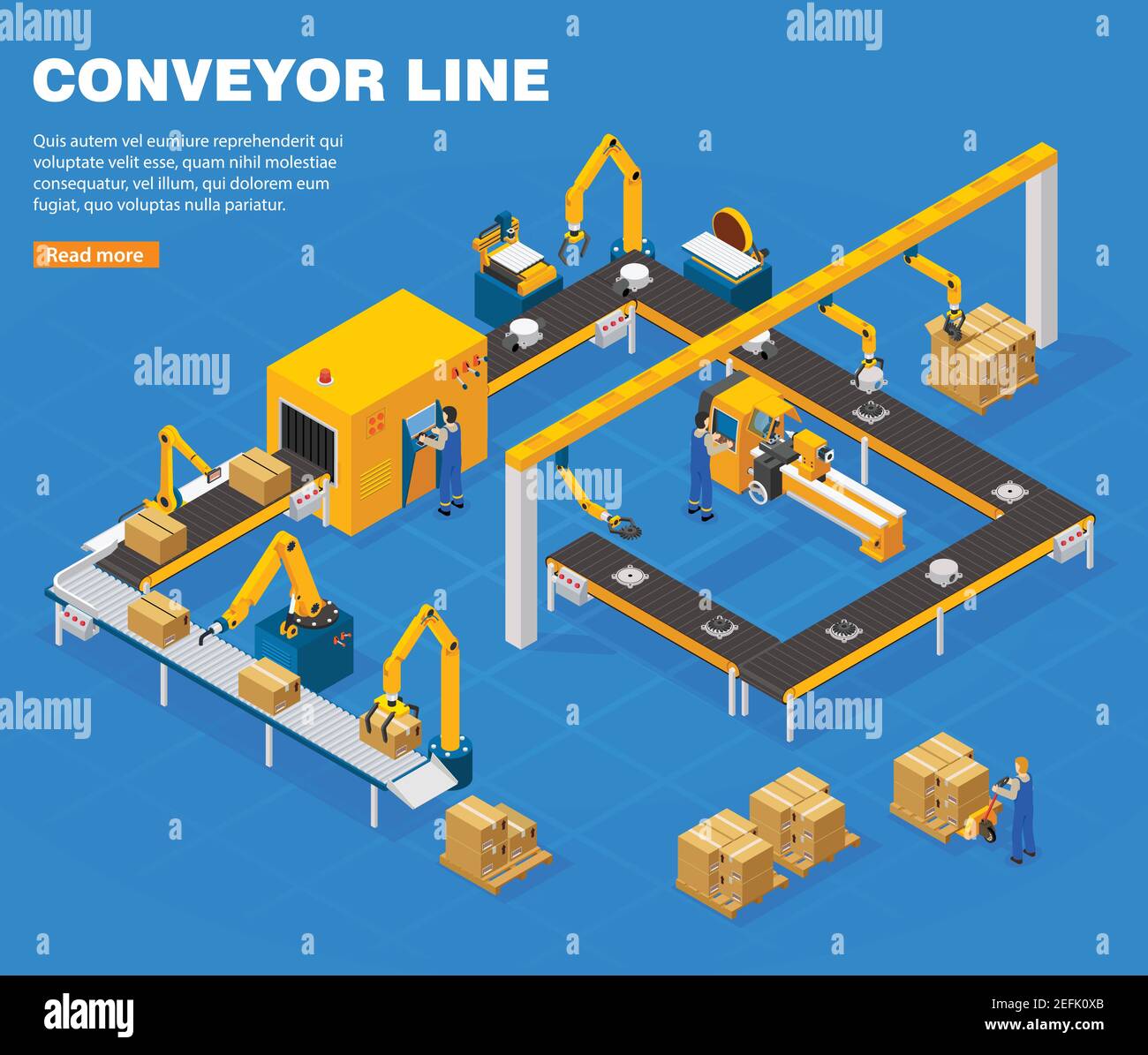 Conveyor line isometric concept with technology symbols on blue ...