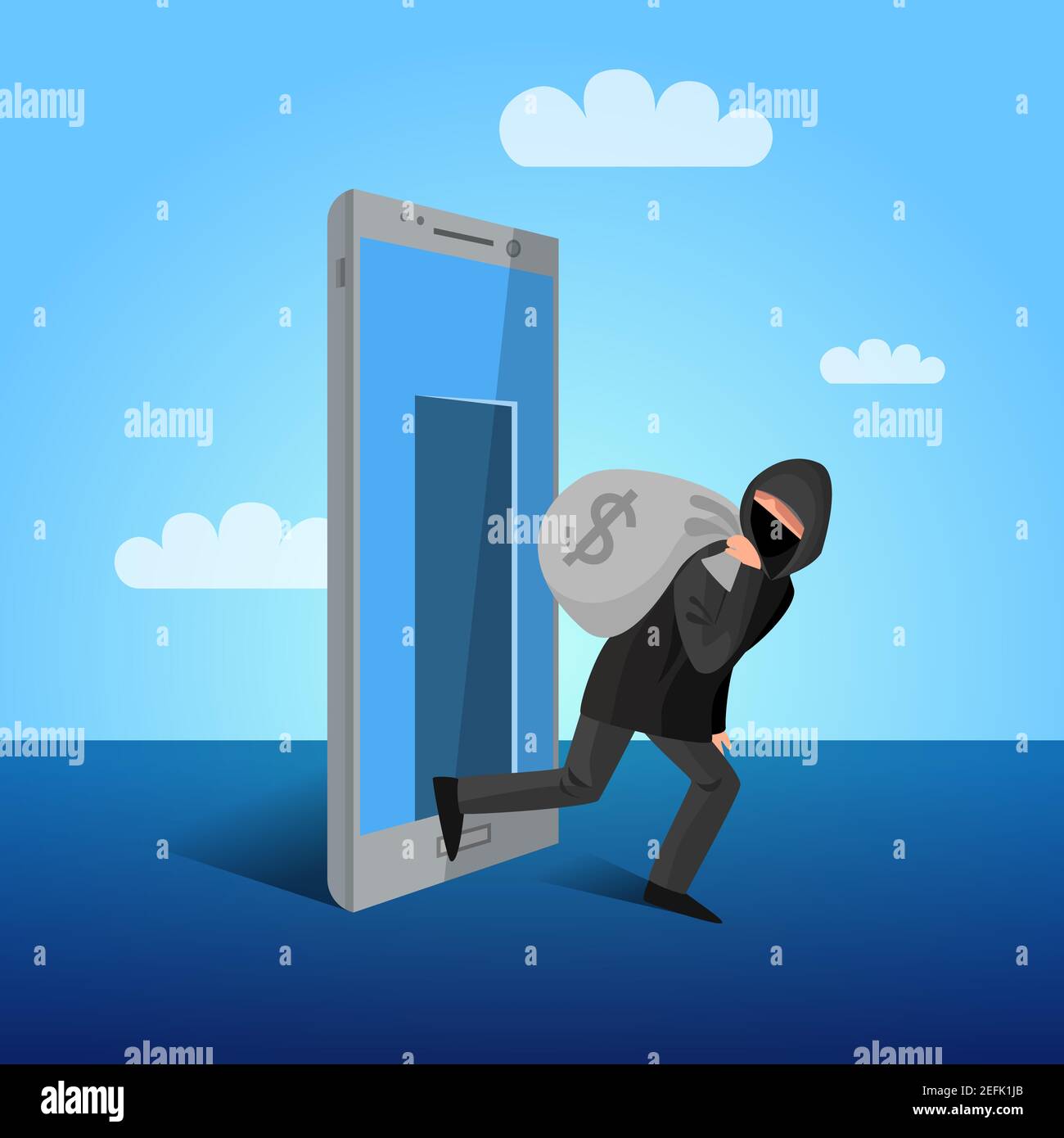 Smartphone hacker escaping through device screen with money mobile phones cyber attacks warning flat poster vector illustration Stock Vector