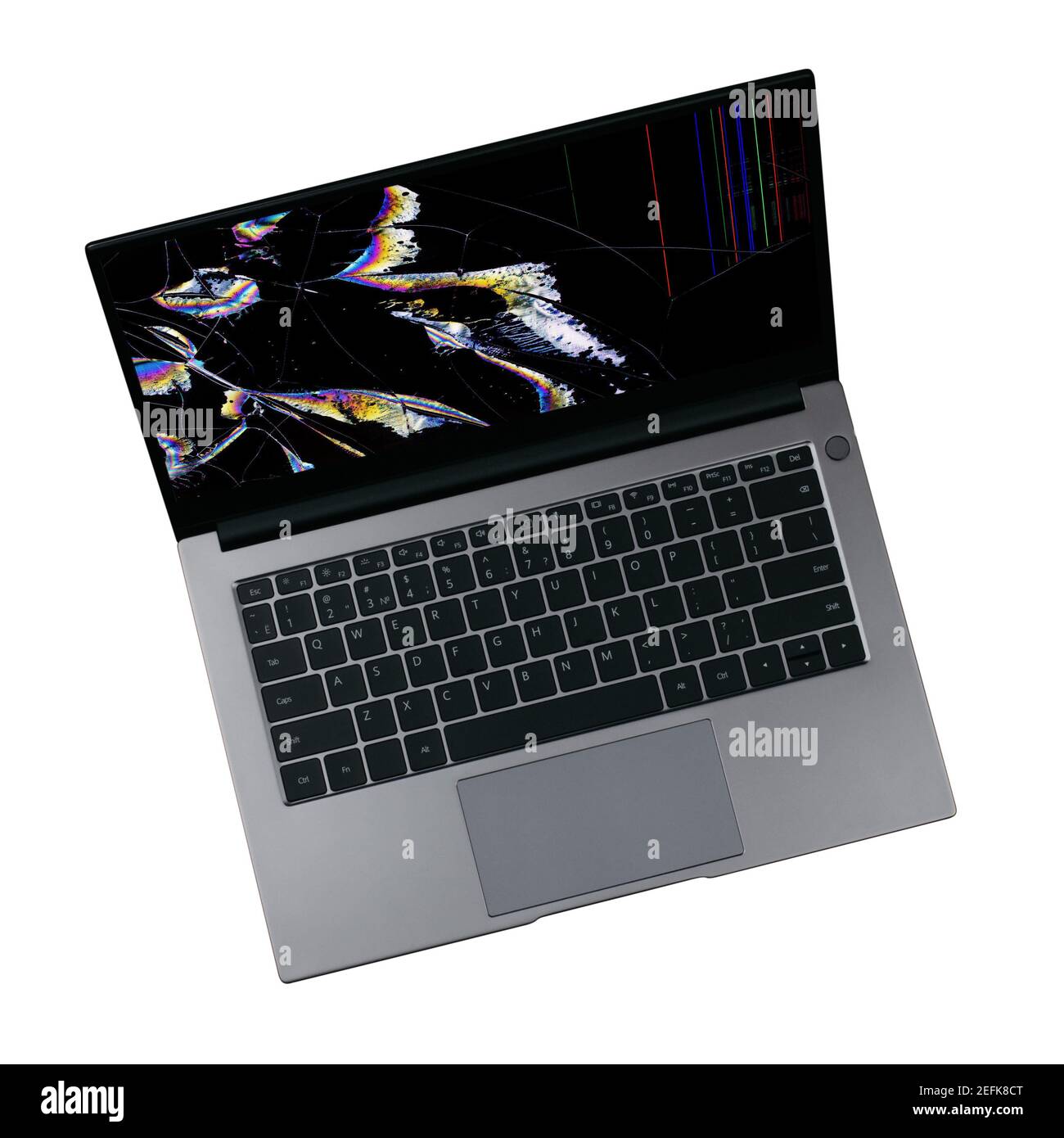 laptop with a broken screen with color glitches isolated on a white ...