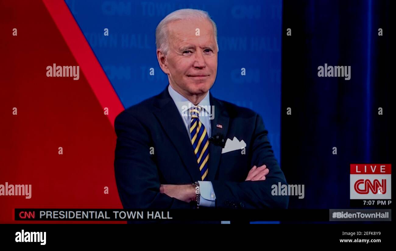February 16, 2021, Milwaukee, Wisconsin, USA - President JOE BIDEN speaks about his administration's COVID-19 vaccination rollout, the Democrats' 1.9 trillion dollar stimulus plan and other matters during an hour-long CNN town hall moderated by Anderson Cooper.(Credit Image: © Cnn/ZUMA Wire) Stock Photo