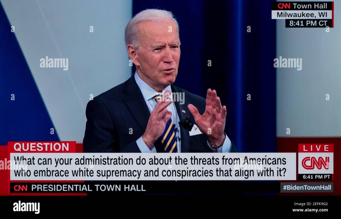 February 16, 2021, Milwaukee, Wisconsin, USA - President JOE BIDEN speaks about his administration's COVID-19 vaccination rollout, the Democrats' 1.9 trillion dollar stimulus plan and other matters during an hour-long CNN town hall moderated by Anderson Cooper.(Credit Image: © Cnn/ZUMA Wire) Stock Photo