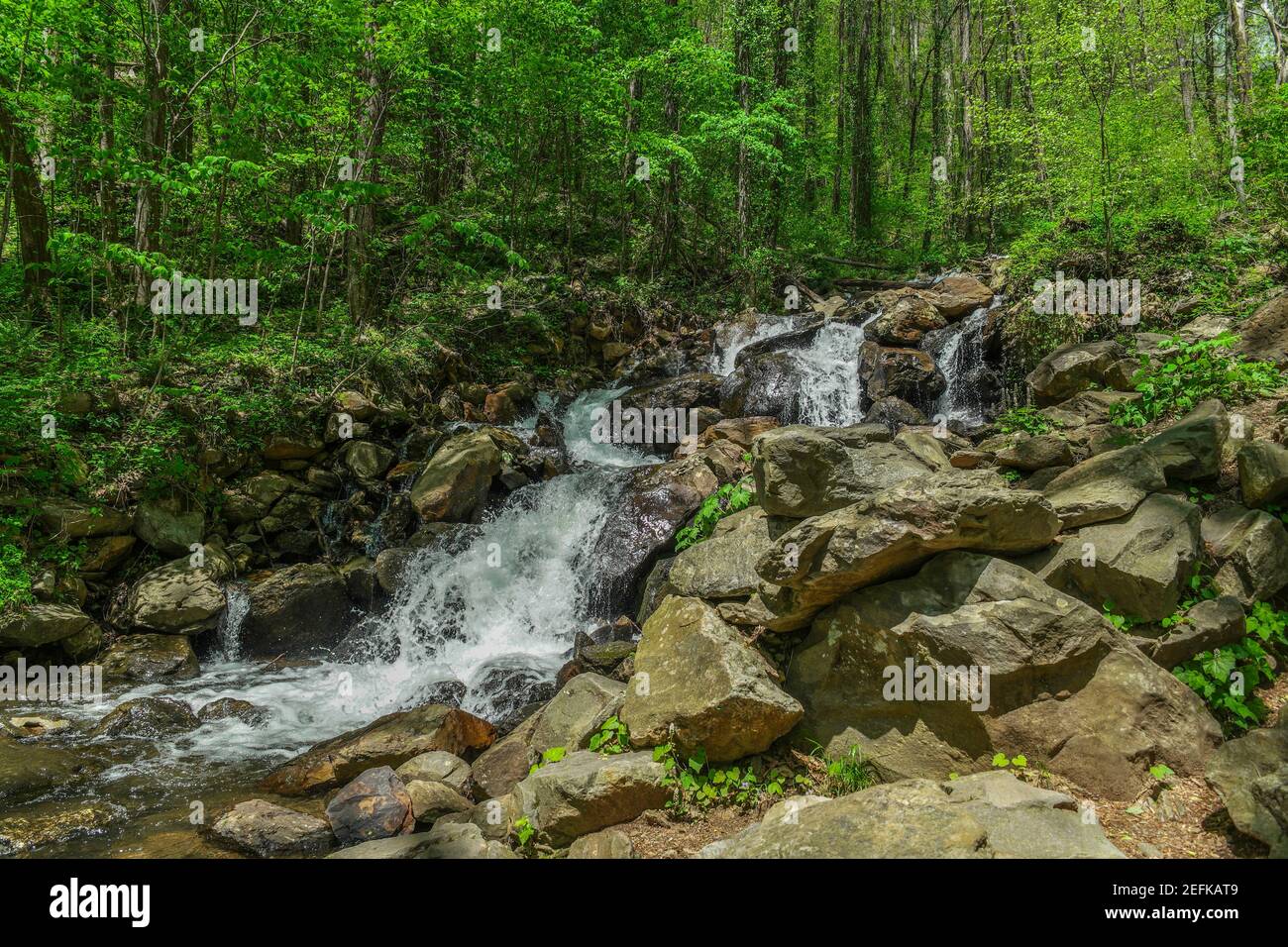 Small waterfall with water splashing and tumbling over the rocks