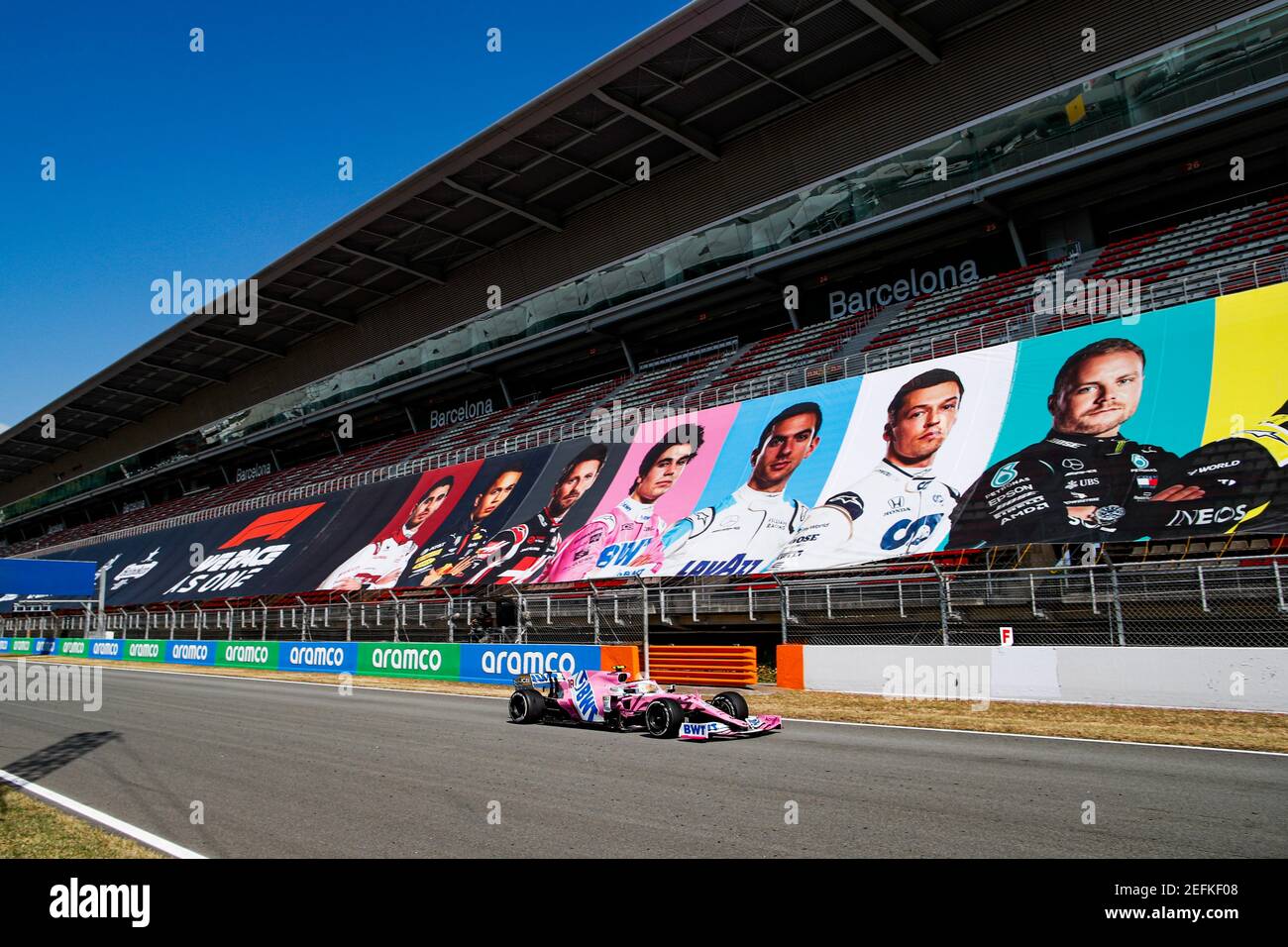 STROLL Lance (can), Racing Point F1 RP20, action in front of the banner of the drivers portraits for the We Race As One campaign during the Formula 1 Aramco Gran Premio De