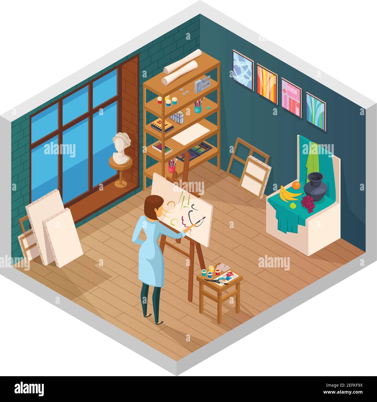 Art studio isometric interior of classroom with window shelves