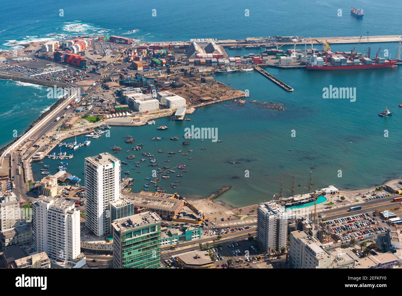 Iquique, Tarapaca Region; Chile - Aerial view of the port city of Iquique in northern Chile at the shores of the Atacama Desert. Stock Photo