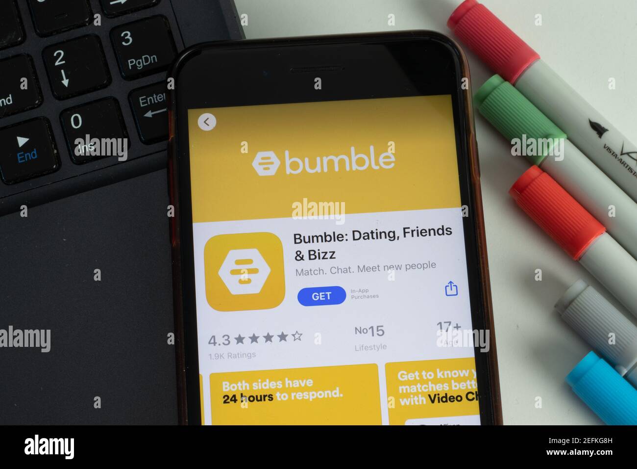 New York, USA - 17 February 2021: Bumble mobile app icon on phone screen top view, Illustrative Editorial Stock Photo