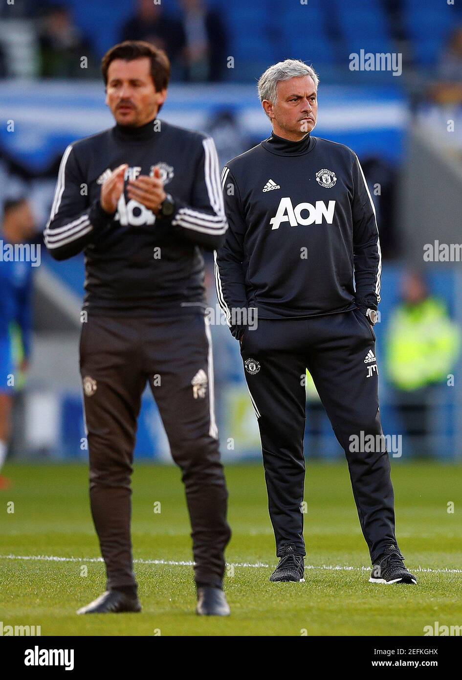 Soccer Football - Premier League - Brighton & Hove Albion v Manchester United - The American Express Community Stadium, Brighton, Britain - May 4, 2018   Manchester United manager Jose Mourinho during the warm up before the match    REUTERS/Eddie Keogh    EDITORIAL USE ONLY. No use with unauthorized audio, video, data, fixture lists, club/league logos or 'live' services. Online in-match use limited to 75 images, no video emulation. No use in betting, games or single club/league/player publications.  Please contact your account representative for further details. Stock Photo