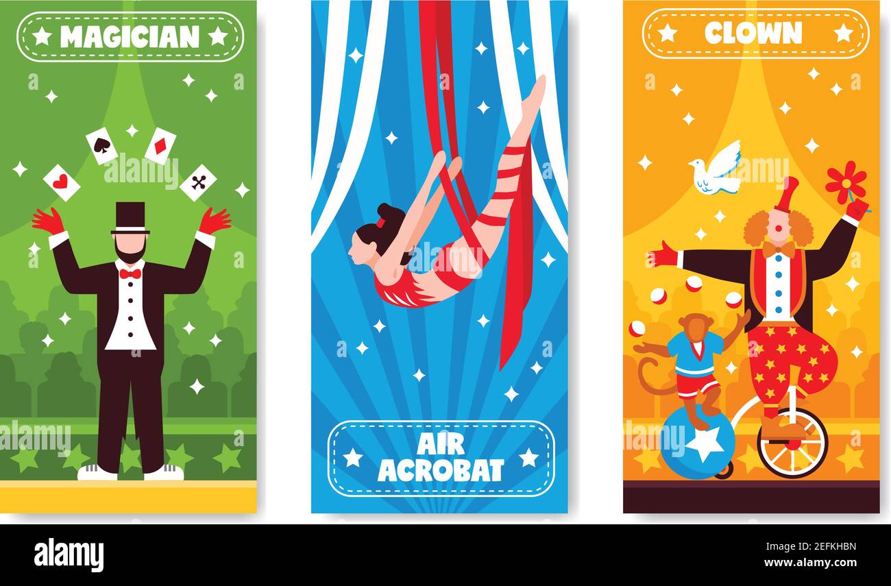 Circus vertical banners with colorful artwork and flat artist ...