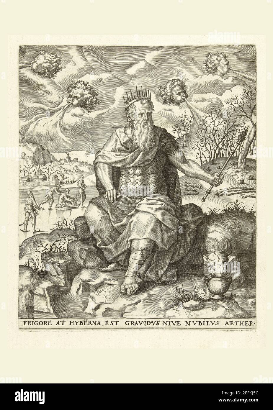 Janus, King of winter with the four cold winds in etching from the 1500s Stock Photo