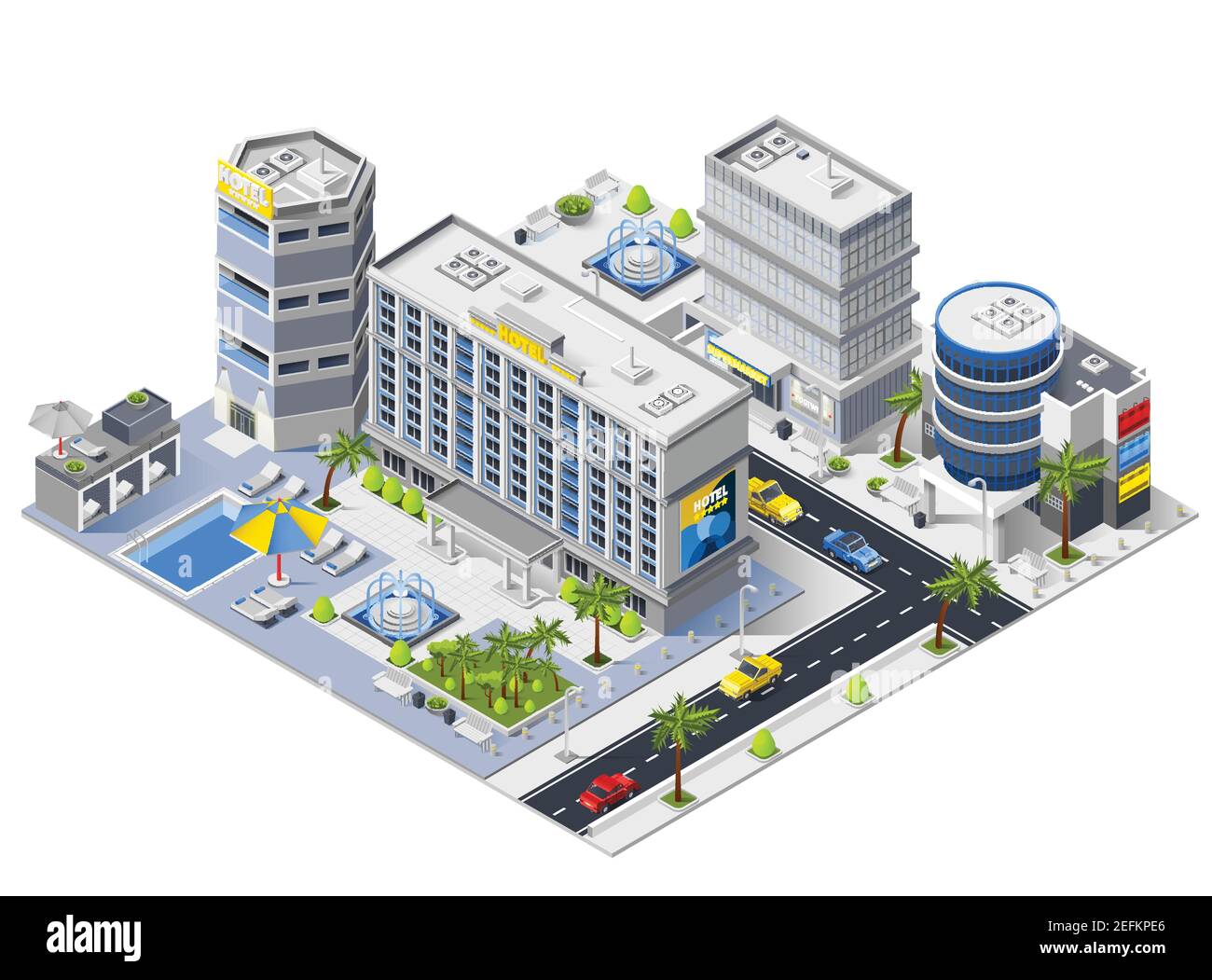 Luxury hotel buildings isometric composition with swimming pool and relaxation area vector illustration Stock Vector