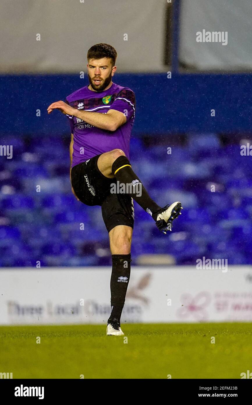 St Andrews Stadium, Coventry, West Midlands, England. 17th February 2021: ; English Football League Championship Football, Coventry City v Norwich City; Grant Hanley of Norwich City warms-up prior to the match Credit: Action Plus Sports Images/Alamy Live News Stock Photo