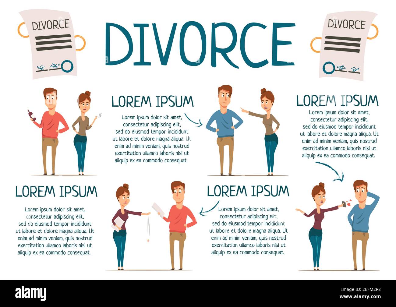 Divorce rate marriage infographics with cartoon partner characters of wife and husband with editable paragraphs of text vector illustration Stock Vector