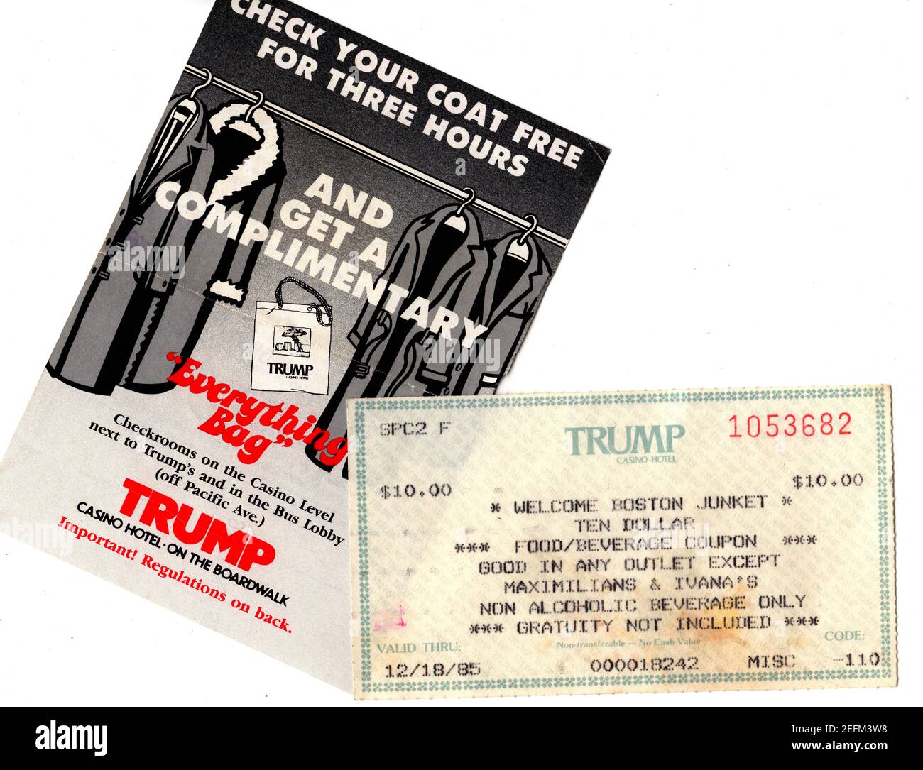 Souvenir casino tickets 1985-1986 from Trump's Casino and Hotel on the Boardwalk in Atlantic City, New Jersey. The hotel was imploded on February 17, 2021. Stock Photo