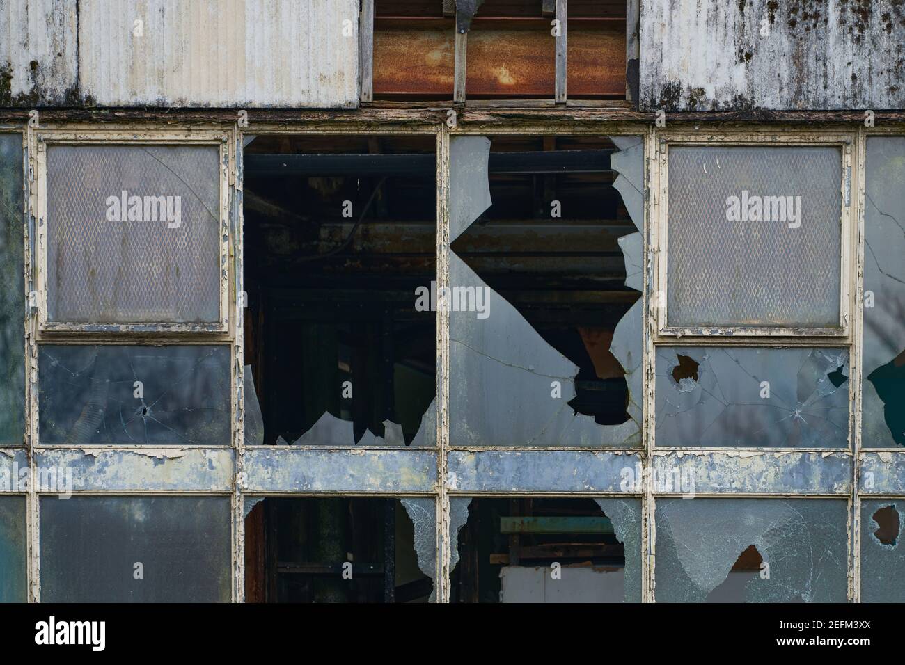 Abandoned mill that has been vandalised, all the windows in this building were broken. This is a high resolution picture with the whole area of the pi Stock Photo