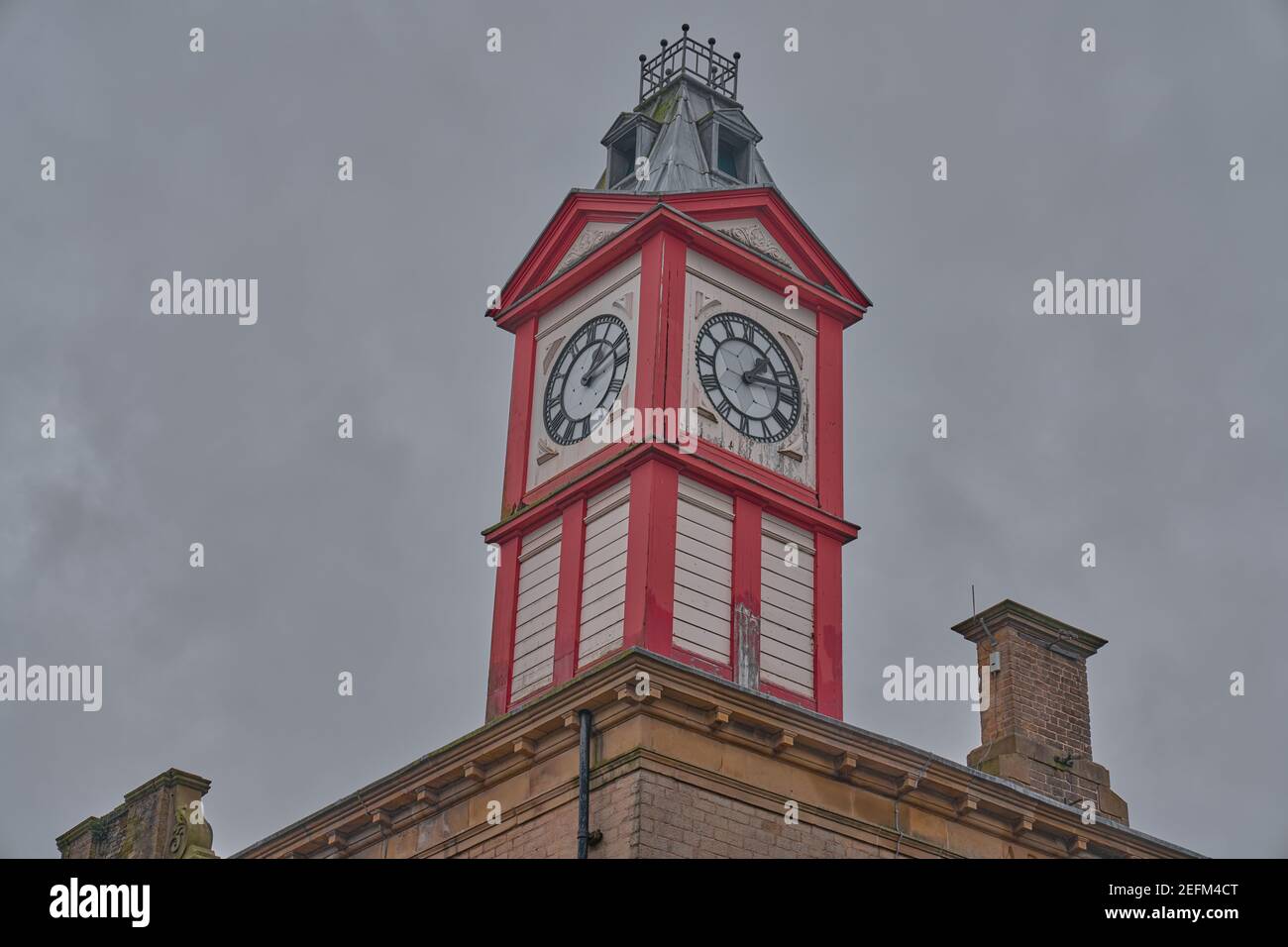 Clock tower in Northern England UK constructed from wood Stock Photo