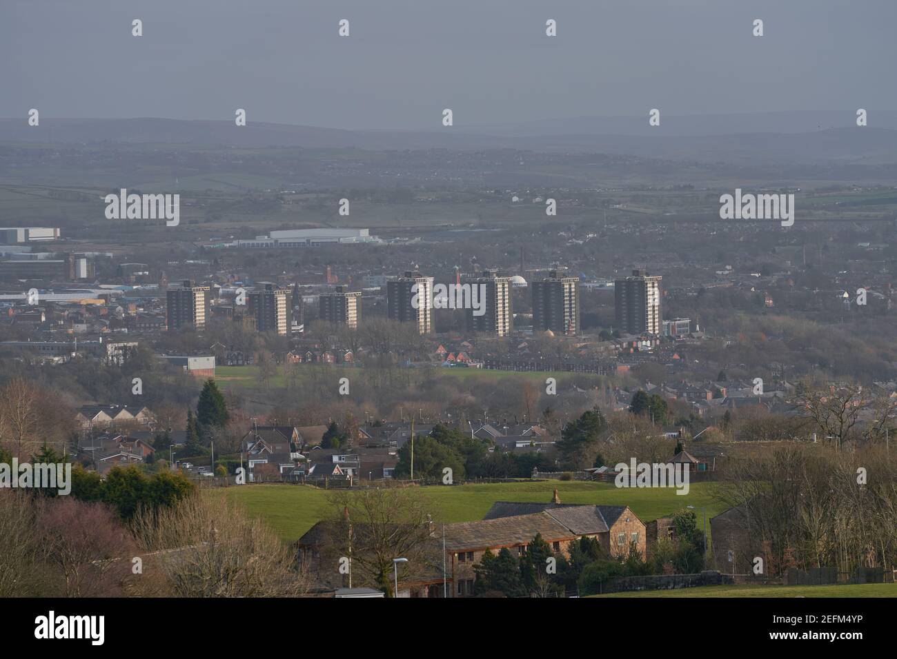 A skyline view of Rochdale showing the seven sisters flats which happen to be a landmark in the town Stock Photo