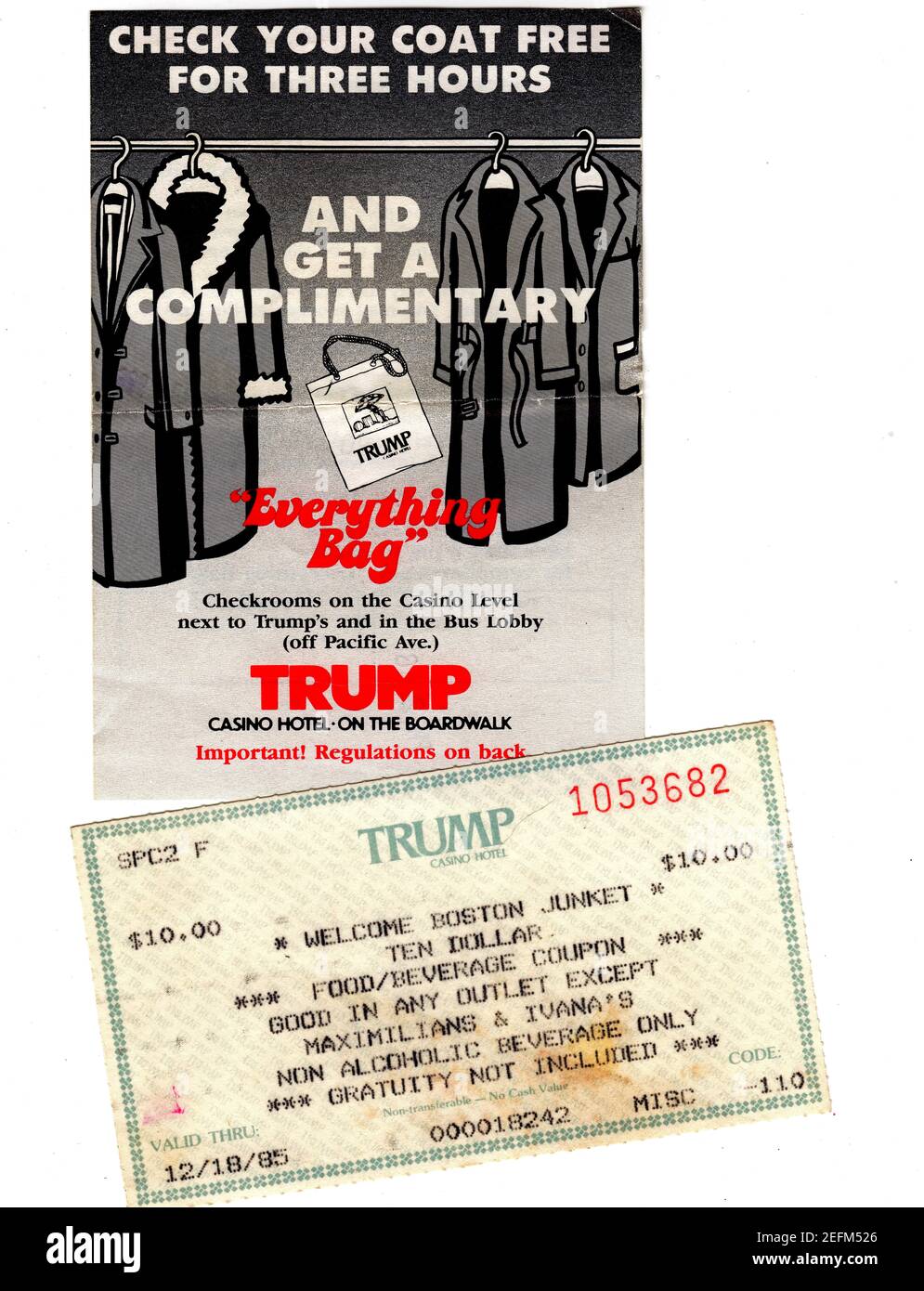 1985 and 1986 tickets or coupons at the now defunct Trump Plaza Hotel and Casino at Atlantic City, New Jersey. The building was imploded on February 17, 2021. Stock Photo