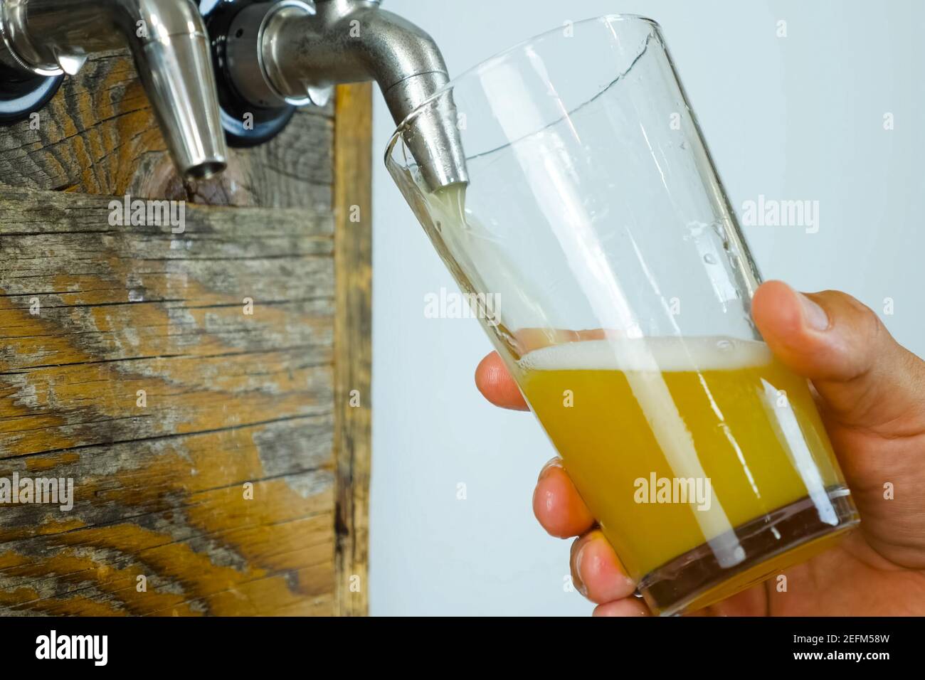 Pouring beer into a glass from the tap at the bar. Beer bottling Stock