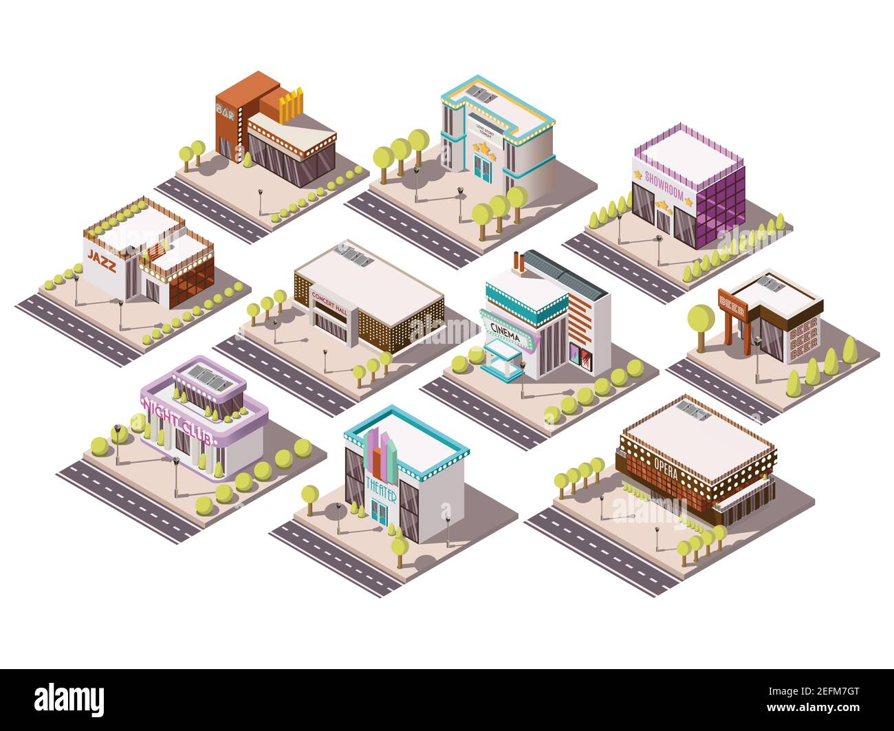 Entertainment places isometric set with theatre and cinema isolated vector illustration Stock Vector