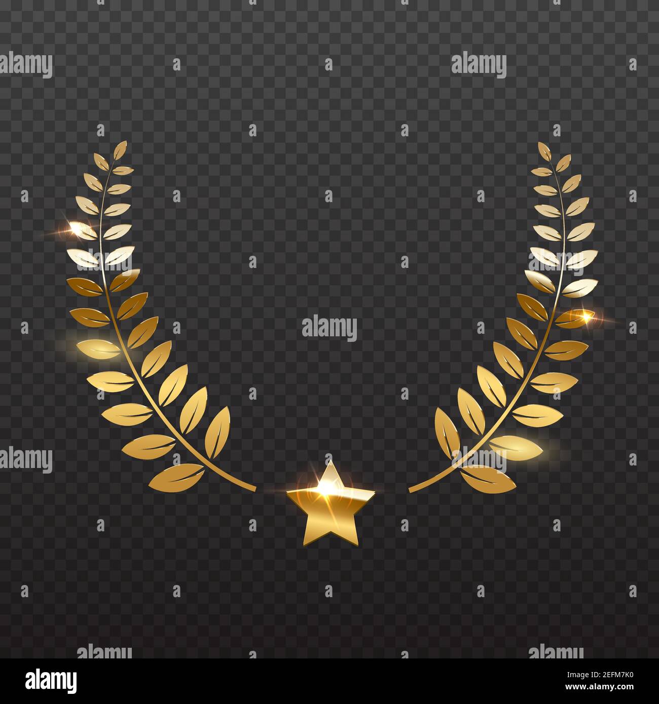 Award star and golden laurel. Gold prize elements on transparent background. Champion glory in competition vector illustration. Hollywood fame in film Stock Vector