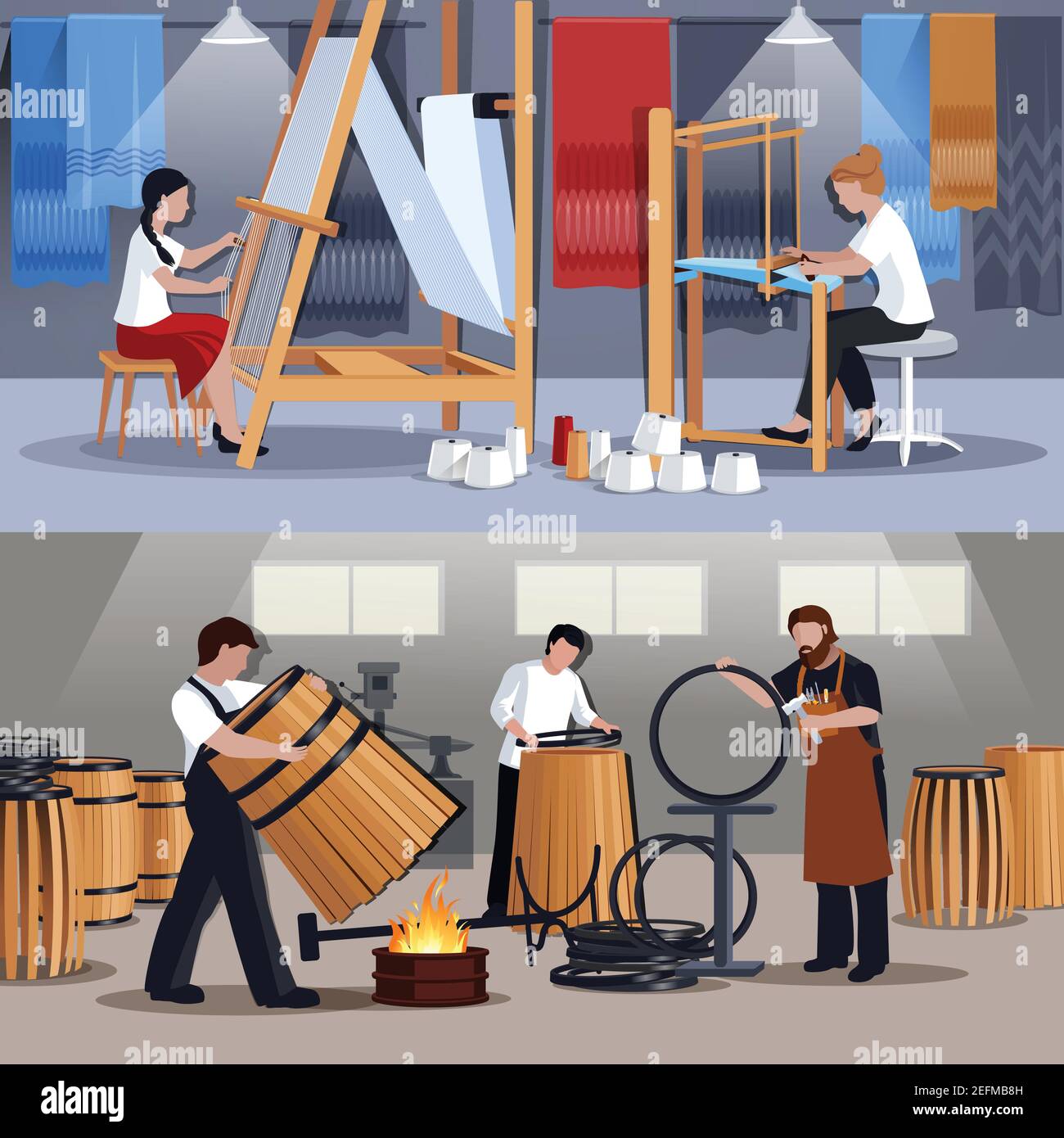 Craftspeople at work 2 flat banners composition with coopers barrelmakers ans wavers at looms isolated vector illustration Stock Vector