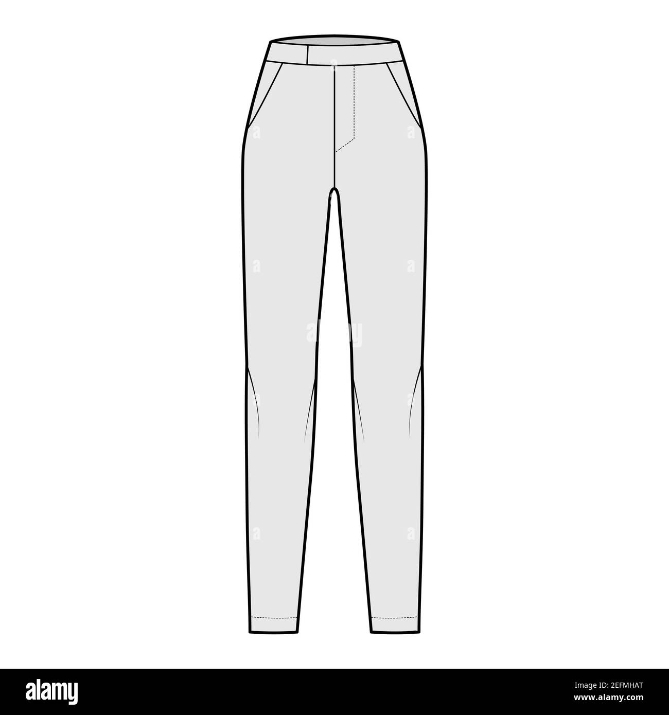 Pants cigarette technical fashion illustration with extended normal low  waist, high rise, full length, slant slashed pockets. Flat trousers apparel  template front back grey color. Women men CAD mockup Stock Vector Image