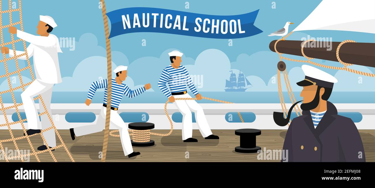 Nautical school on board sailing ship sailors training  flat advertisement poster with smoking pipe captain vector illustration Stock Vector