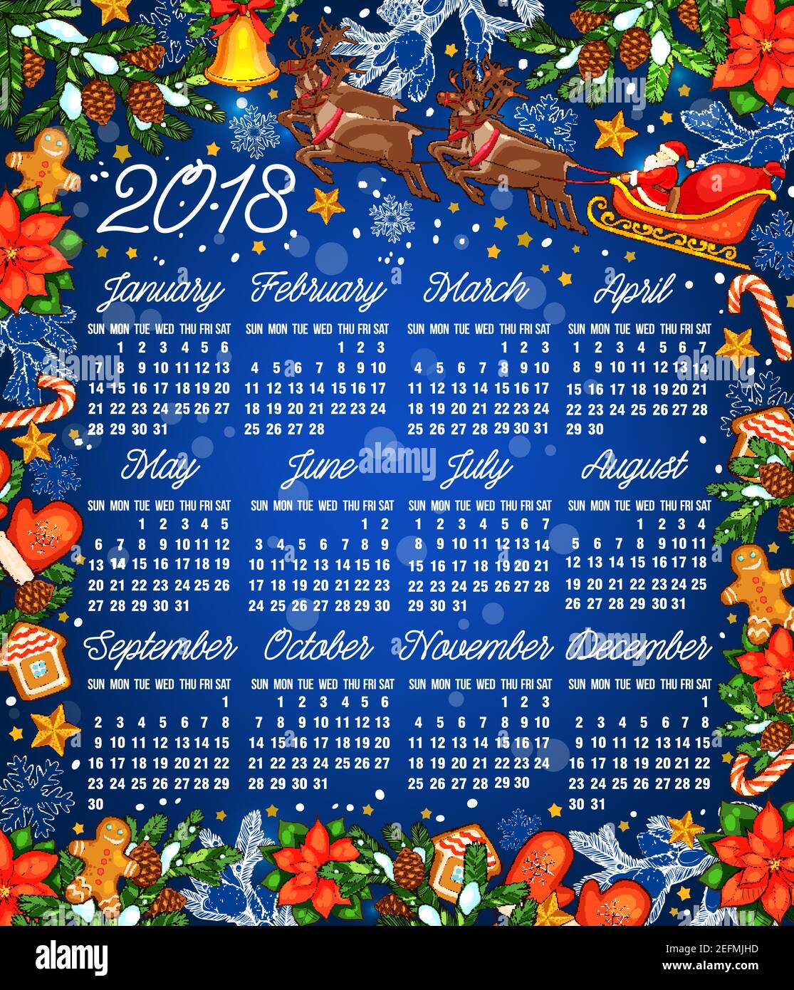 Christmas holiday calendar template. 2018 year calendar with frame of ...