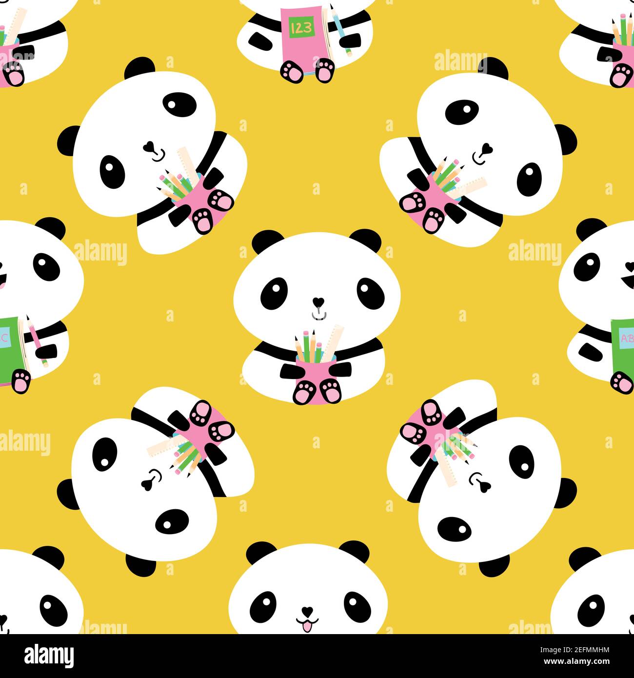 Cute Kawaii vector panda seamless pattern background. Sitting cartoon bears holding pencil holders and notebooks on yellow backdrop. Fun character Stock Vector
