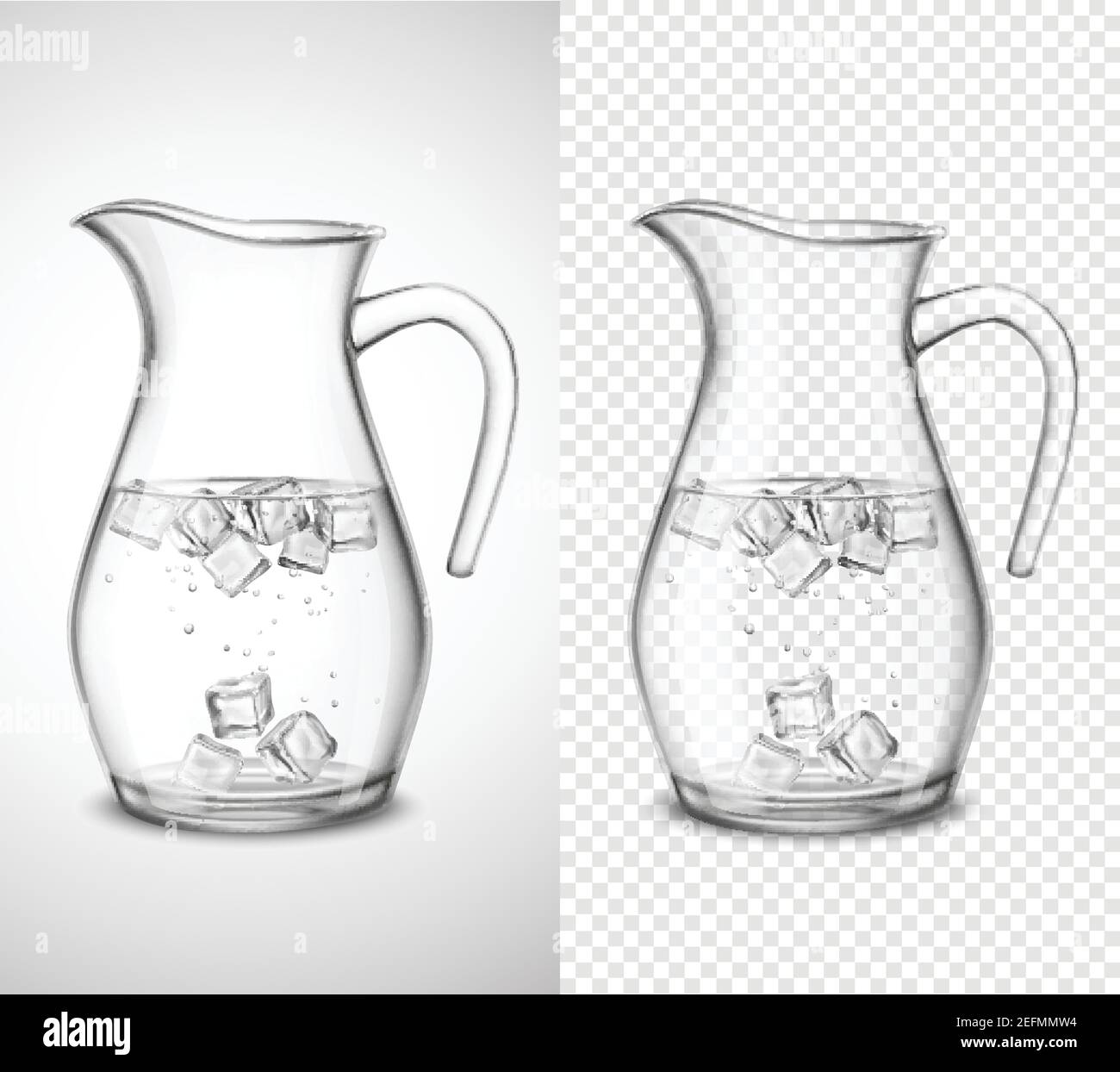 Glass jug with water ice cubes and bubbles on white and transparent