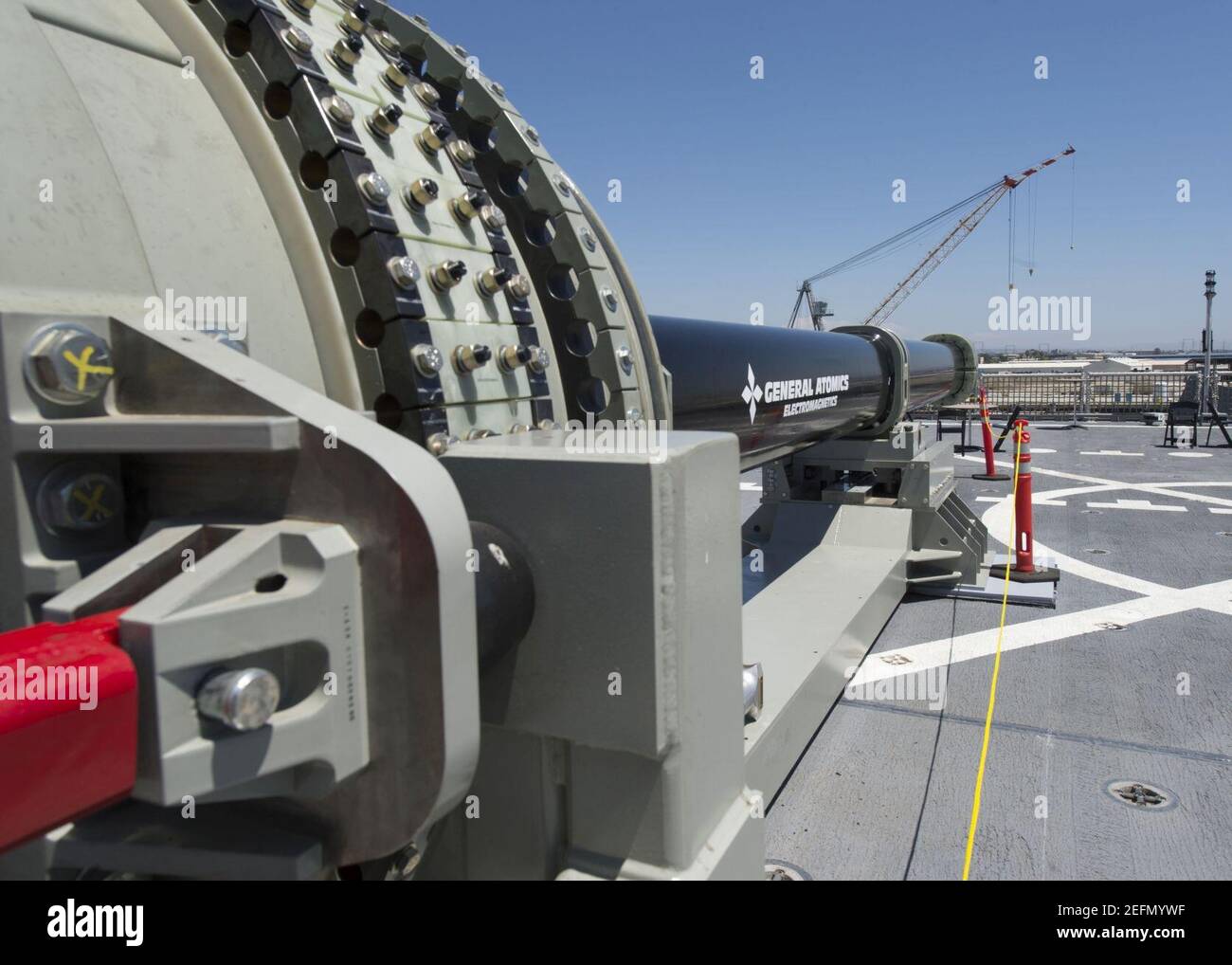 Office of Naval Research-funded Electromagnetic Railgun launchers on USS Millinocket. Stock Photo